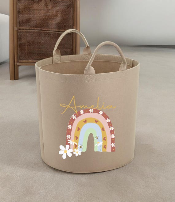 Personalised Boho Rainbow Toy Tub, Storage Basket, Toy Storage