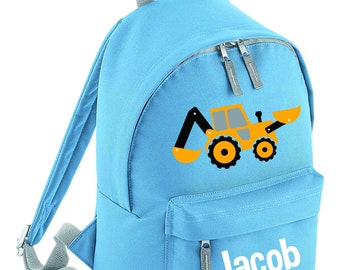 Personalised Name Digger, machinery Boys Backpack Rucksack Children's Bags Back to School Children's Gifts Custom Bags