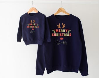 Personalised Family Matching Christmas Sweatshirt Novelty Jumper Baby Child Adult Mum Dad More Colours Reindeer Ears Merry Christmas