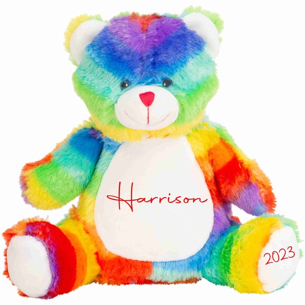 Personalised Rainbow Teddy zoo animals,  Newborn Baby Gifts Keepsake Teddy Bear Any Year birthday, loved ones