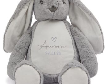 Personalised Rabbit Teddy Bear | Custom Name and Date Soft Toy 5 colours | Baby Gift | New Baby Keepsake | Nursery | Children’s Plush Toy