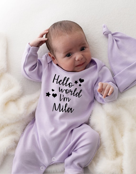 Hello World Personalised Baby Romper Set With Hat Lilac Baby Grow sleepsuit new Baby Baby Announcement Baby Shower First Outfit Etsy