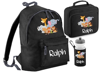 Personalised safari/zoo animals lunch box, water bottle and rucksack/back pack cooler box, ideal for a packed lunch for children lunch bag