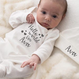 Hello World Personalised Babygrow with Hat - Baby girl - Baby grow -  Sleepsuit -New Baby -Baby Announcement- Baby Shower - New baby gift