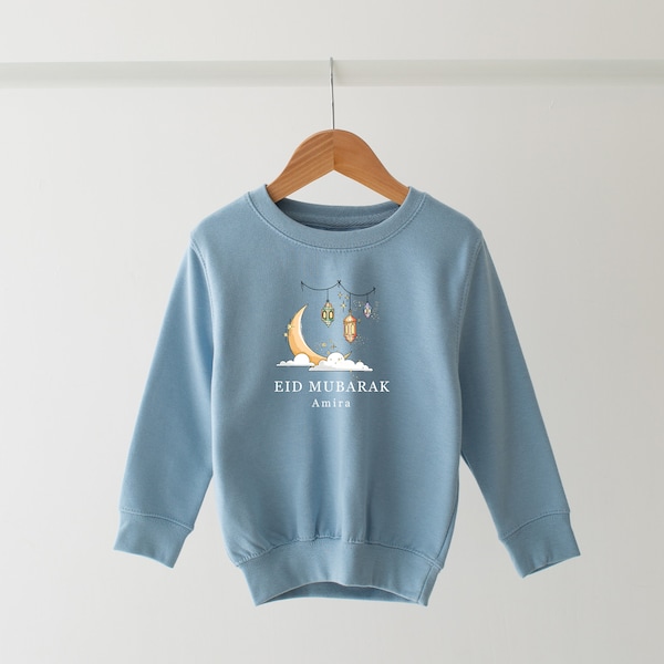 Personalised Eid Mubarak Sweatshirt- Ramadan Top- Girls Eid Outfit- First Eid Top Various Colours - Blue - White Eid Gift