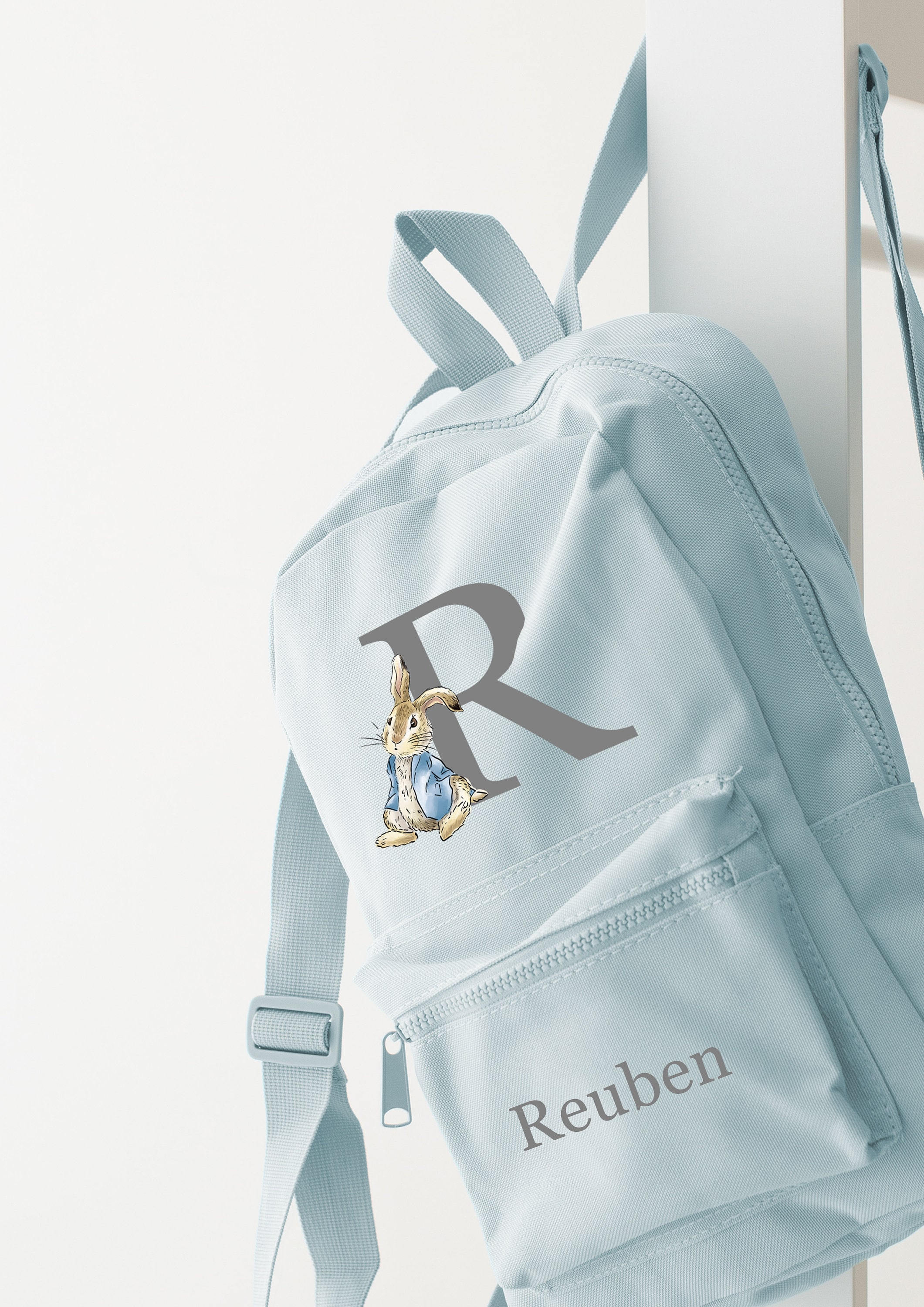 Personalised Rabbit bag and bottle set Rucksack backpack school nursery bag and bottle more colours - Rabbit blue coat