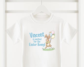 Personalised Easter t-shirt - Children's Easter top - Kid's Easter tshirt -  Easter Gift - More Colours -Excited Easter Bunny - Blue Text