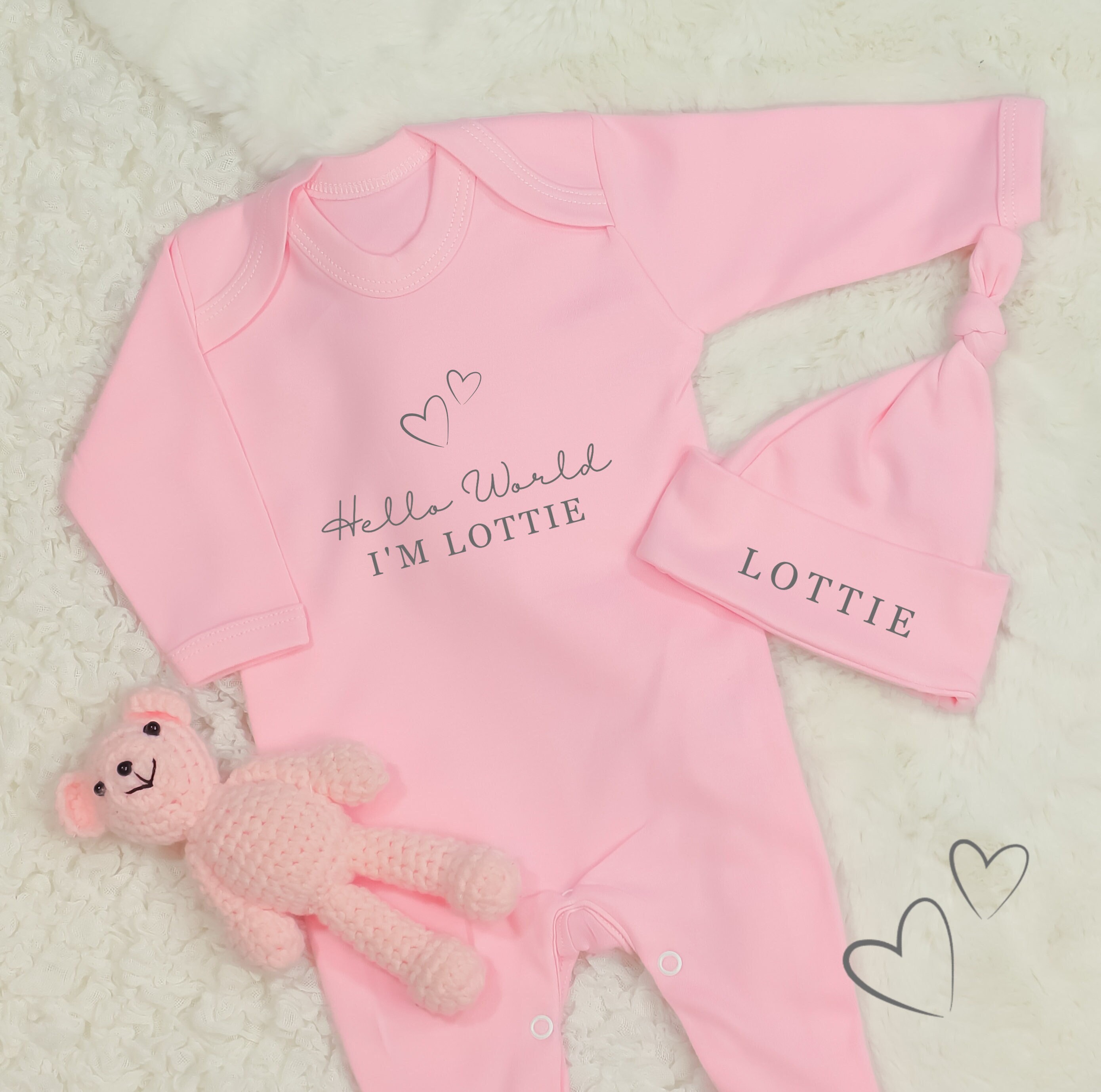Hello World Conjunto de mameluco rosa personalizado para bebe con sombrero nina HeartsBaby pijama de crecimiento nuevo anuncio de bebe Baby Shower Etsy Mexico