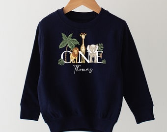 Personalised Safari Sweatshirt any name and age Birthday Gift Safari theme all year sweatshirt Navy Top