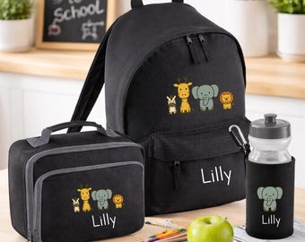 Personalised Safari Animals Backpack, Lunch Bag, Water Bottle Set