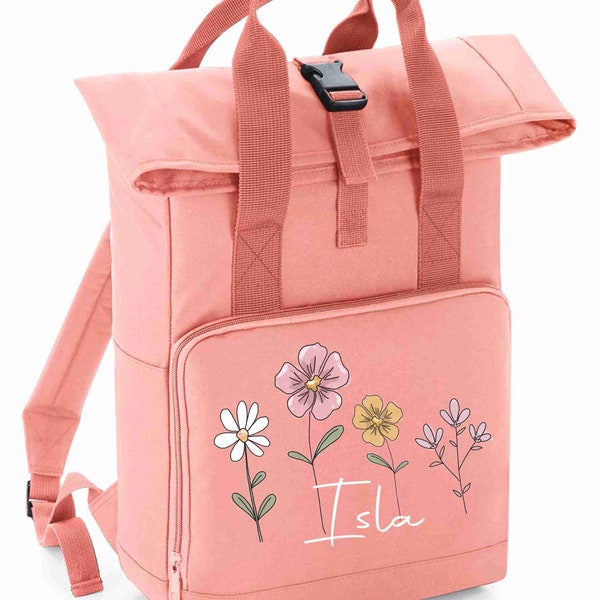Personalised Flowers Backpack Recycled Mini Twin Handle Roll-Top, meadows of flowers Rucksack backpack school nursery sports bag