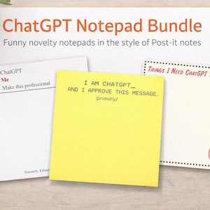以下が含まれることがあります： 「ChatGPT Notepad Bundle」と「Funny novelty notepads in the style of Post-it notes」のテキストが入ったノートパッドバンドル。ユーモラスなメッセージが書かれた複数のノートパッドと黒いペンが含まれています。