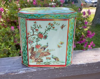 Vintage Peacock and Wildlife Hinged Lid Biscuit Tin English Tin