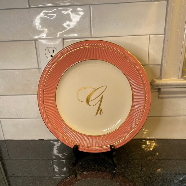 Salmon Pink Monogram Dinner Plate Hotel China 11”