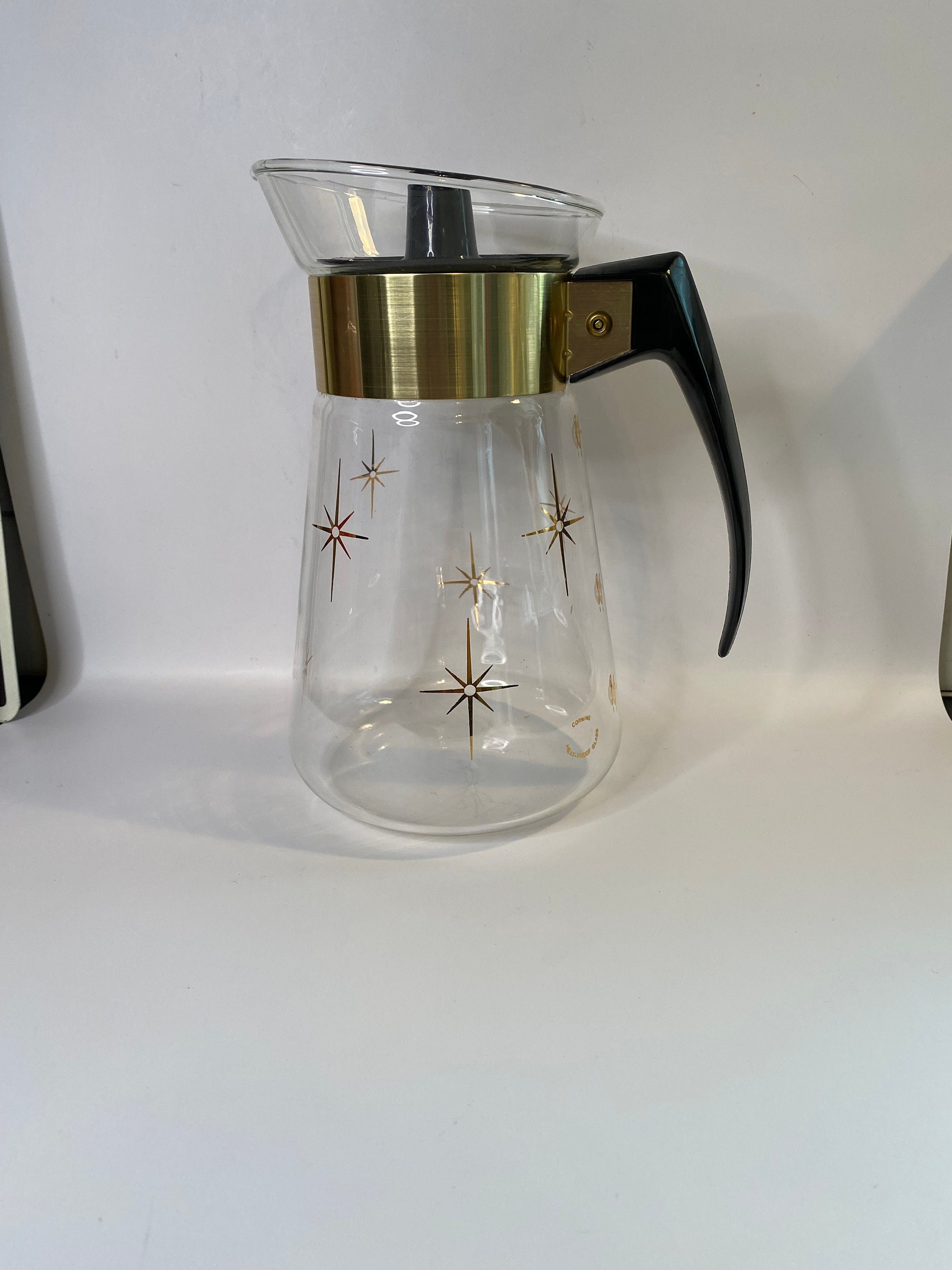 Vintage Glass Coffee Carafe, Corning Glass, Gold Atomic Starburst