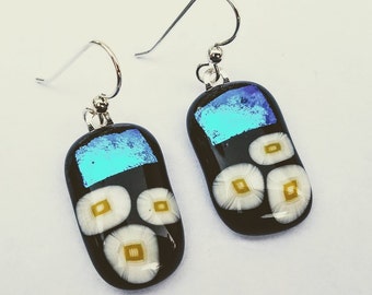 Artisan earring, Fused Glass Earrings, Black, White, Blue Earrings, Dichroic Earrings, Handmade Earrings, Modern Earrings, Gift For Women