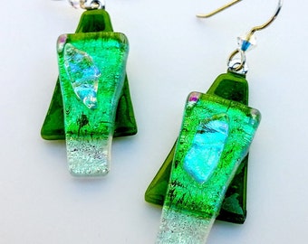 Artisan earring, Fused Glass, Green Earrings, Dichroic Jewelry, Dangle Earrings, Handmade Earrings, Glass Earrings, Gift under20