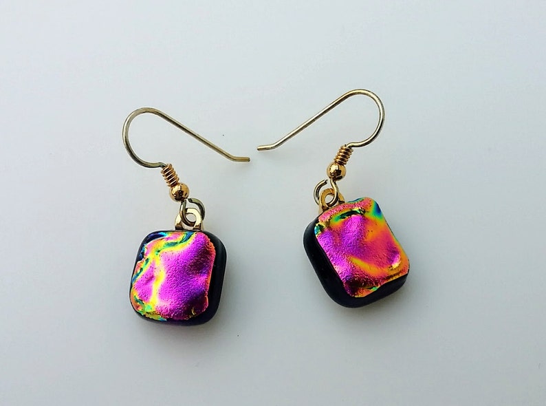 Handmade, Pink, Fused Glass, Dichroic, Dangle Earrings, Glass Jewelry, Jewelry, Dangle Earrings, Gift for Women, Hot Pink, Purple Earrings image 4