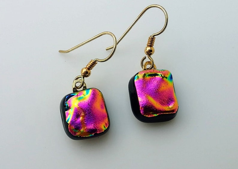 Handmade, Pink, Fused Glass, Dichroic, Dangle Earrings, Glass Jewelry, Jewelry, Dangle Earrings, Gift for Women, Hot Pink, Purple Earrings image 1