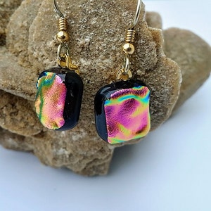 Handmade, Pink, Fused Glass, Dichroic, Dangle Earrings, Glass Jewelry, Jewelry, Dangle Earrings, Gift for Women, Hot Pink, Purple Earrings image 3