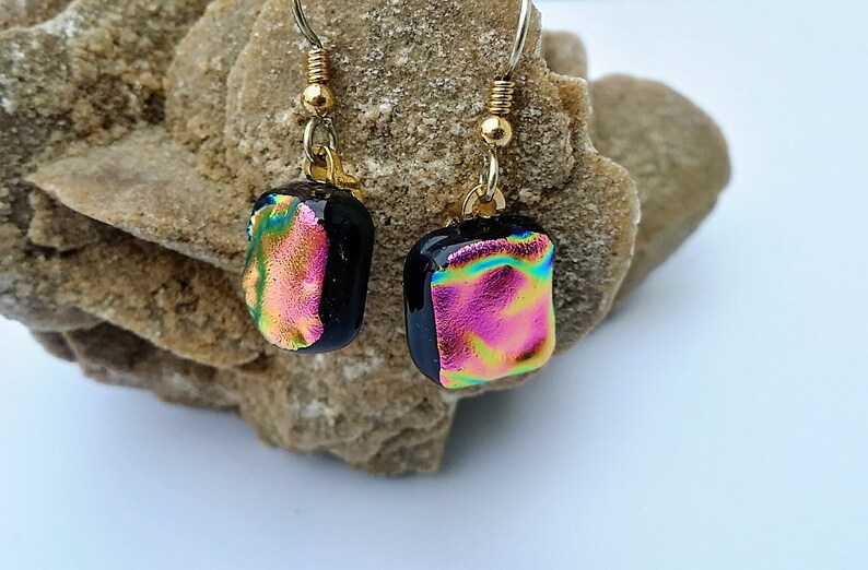 Handmade, Pink, Fused Glass, Dichroic, Dangle Earrings, Glass Jewelry, Jewelry, Dangle Earrings, Gift for Women, Hot Pink, Purple Earrings image 3