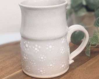 Large White Design on White Ceramic Coffee or Tea Mug, Pottery 14 oz, Mini Flowers