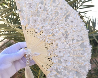 Ventaglio a mano in avorio, ventaglio in pizzo bianco non pieghevole, ventaglio da matrimonio, ventaglio da sposa, ventaglio da sposa in avorio