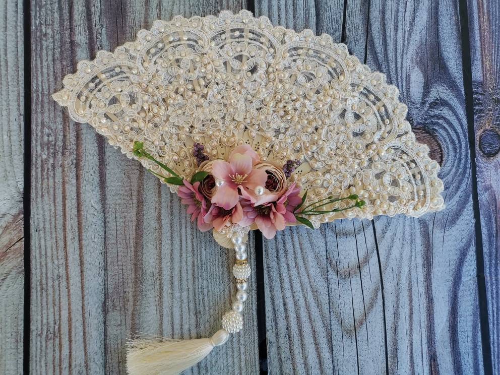 Lace Fan for Wedding Non Folding Floral Hand Fan Beige Hand Fan