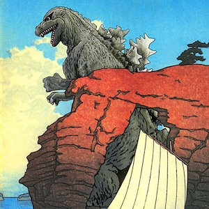 Godzilla Bay Japanese Woodblock Print
