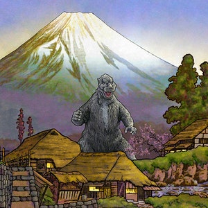 Godzilla Village Japanese Woodblock Print