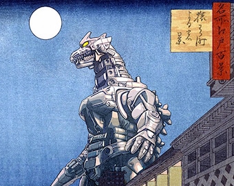 May include: A Japanese-style woodblock print depicting a giant, silver robot standing in a crowded street at night. The robot is towering over the buildings and people, with a full moon in the background. The text in the image reads "A". "傳羅魅非威酢關仁羅麩羅魅野成" and "カミサGDZILLA".