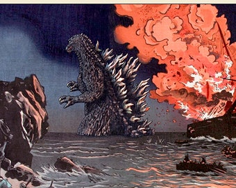 Godzilla Boat Fire Japanese Woodblock Print