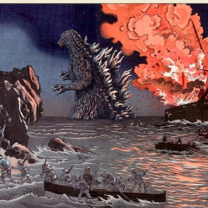 Godzilla Boat Fire Japanese Woodblock Print