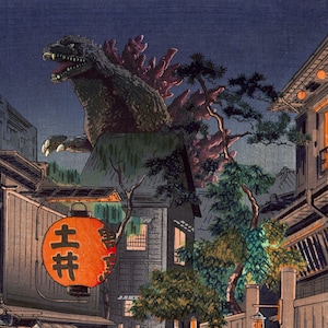 Godzilla in the Rain Japanese Woodblock Print