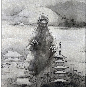 Godzilla Ink Japanese Woodblock Print