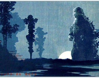 May include: A blue and white woodblock print depicting a large, dark blue monster standing in a body of water with a full moon in the background. The monster is silhouetted against the moon. There are trees in the foreground and a small building in the distance.