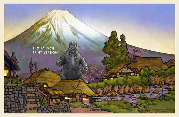 DEVISE WORKS × OLD MOUNTAIN HIJIWARUヒジワル Godzilla Village Japanese Woodblock Print - Etsy
