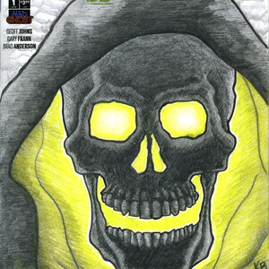 Puede incluir: Portada de cómic con el título "GEIGER" en letras verdes. La portada presenta una ilustración en blanco y negro de una calavera con ojos y dientes amarillos brillantes, que lleva una túnica negra con capucha.