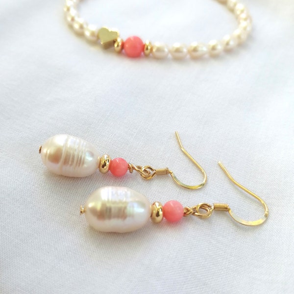 Freshwater pearl earrings Pearl earrings Pearl and coral earrings Christmas gift Gift for her Mothers day gift Free shipping