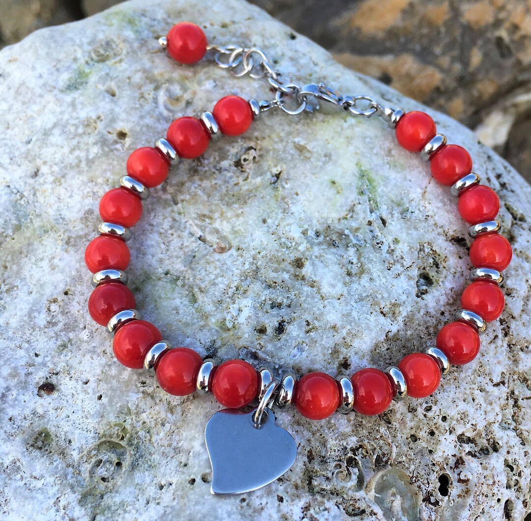 Coral Bracelet Red Coral Bracelet Beaded Bracelet Heart Bracelet Gift