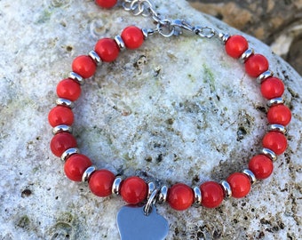 Coral bracelet Red coral bracelet Beaded bracelet Heart bracelet Gift for her Mothers day gift Natural stone bracelet Free shipping