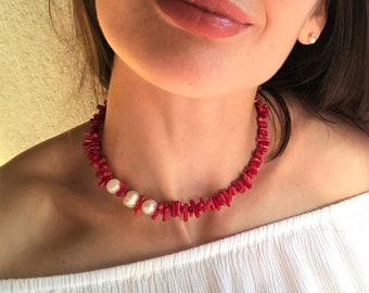 Coral necklace Pearl necklace Freshwater pearl necklace Red coral necklace Coral jewelry Pearl and coral Gift for her Free shipping