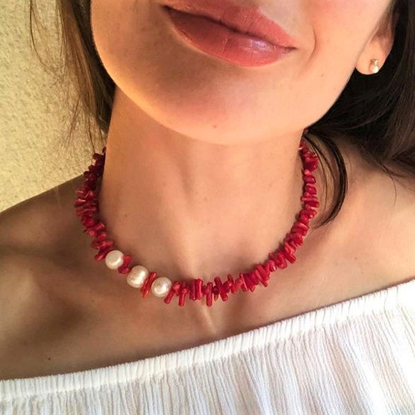 Coral necklace Pearl necklace Freshwater pearl necklace Red coral necklace Coral jewelry Pearl and coral Gift for her Free shipping