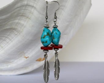 Valentines day gift Feather earrings  Turquoise earrings  Coral earrings Dangle & Drop earrings Boho earrings Gift for her Free shipping