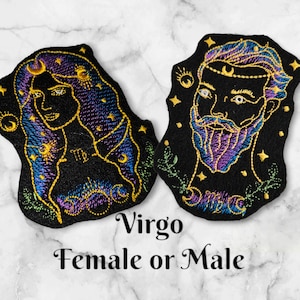 以下が含まれることがあります： 占星術の星座である乙女座を表す、アイロン接着式の刺繍パッチ2つ。1つのパッチは、髪の毛に三日月がある女性の姿を描いており、もう1つのパッチは、ひげを生やした男性の姿を描いています。どちらのパッチも黒地に金と紫の刺繍が施されています。