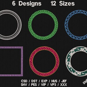 May include: Six embroidery designs of different colored frames, including a square frame, in 12 sizes. The designs are available in various embroidery file formats, including CSD, DST, EXP, HUS, JEF, SHV, PES, VIP, VP3, and XXX.