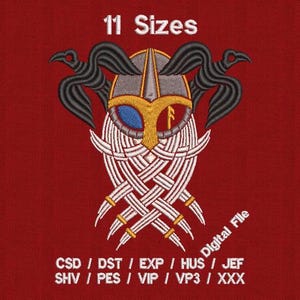 May include: Embroidered design of a Viking warrior with a braided beard, horned helmet, and two ravens. The design is available in 11 sizes and in several embroidery file formats, including CSD, DST, EXP, HUS, JEF, SHV, PES, VIP, VP3, and XXX.