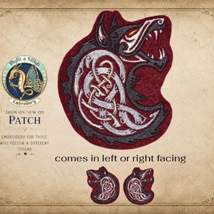 May include: A burgundy iron-on patch featuring a stylized wolf design with intricate knotwork in silver and white. The patch has a black outline and yellow eyes. The text "Myth & Stitch Embroidery" and "Iron on/Sew on Patch" are also visible. The text "comes in left or right facing" is also visible.