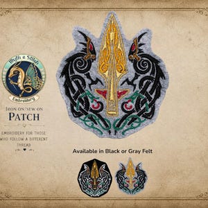 May include: An iron-on or sew-on patch featuring an embroidered gold spearhead flanked by two black dragon-like creatures with red eyes and green accents on a gray felt background. The text reads Myth a Stitch Embroidery, IRON ON/SEW ON PATCH.