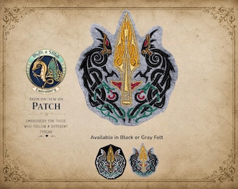 May include: An iron-on or sew-on patch featuring an embroidered gold spearhead flanked by two black dragon-like creatures with red eyes and green accents on a gray felt background. The text reads Myth a Stitch Embroidery, IRON ON/SEW ON PATCH.